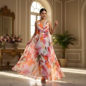 Adrianna Papell Multicolor Floral Halter Maxi Dress – Size 14W NWT – Zip Closure